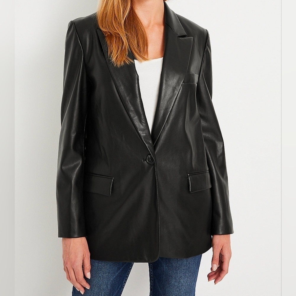 Vigoss Women's Black Faux Leather Open-Front Style Blazer, Size XXL